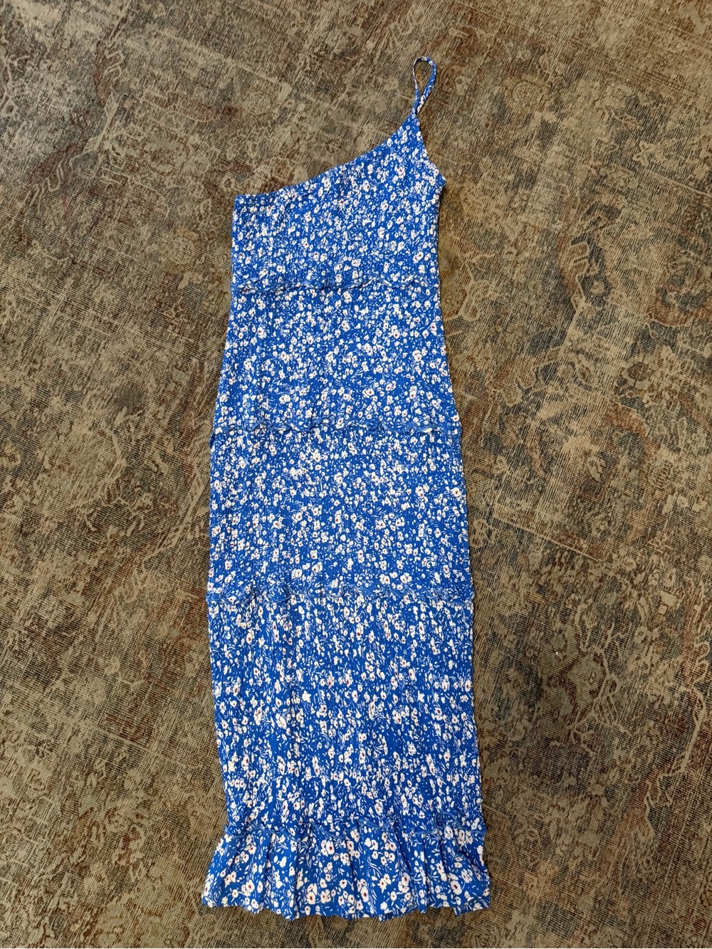 Women’s Blue One-Shoulder Floral Midi Dress